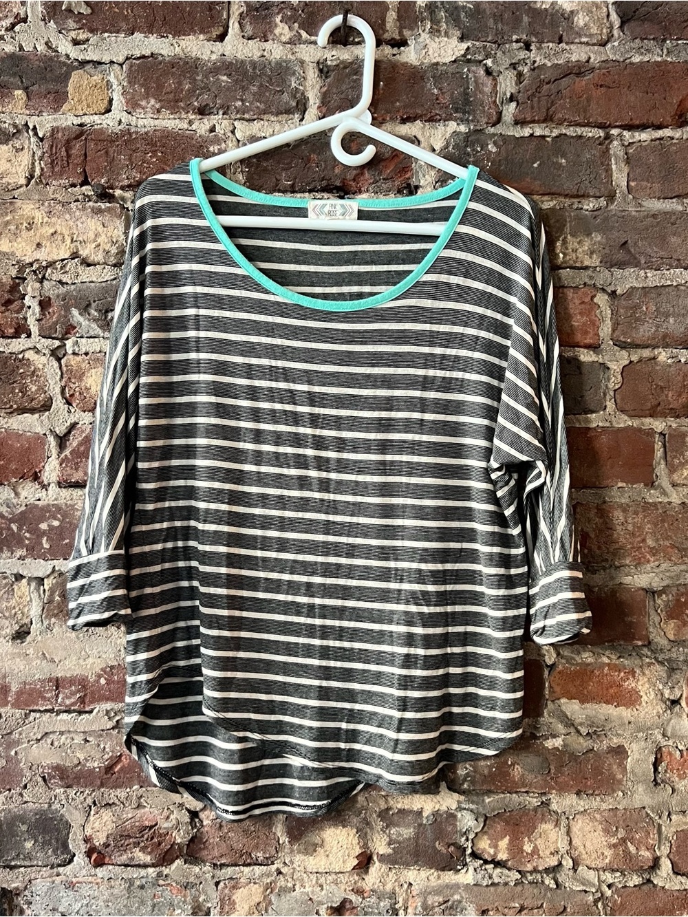 Pink Rose Black and White Striped Long Sleeve Top with Teal Trim